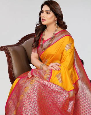ANIRAV Self Design Banarasi Cotton Silk, Jacquard Saree(Red, Yellow)