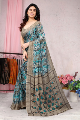 MIRCHI FASHION Printed, Floral Print Ikkat Chiffon, Georgette Saree(Light Blue, Beige)