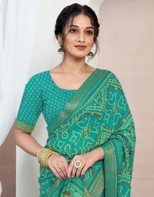 Samah Printed, Embellished Bandhani Chiffon, Georgette Saree(Green)
