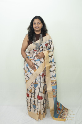 SnehaFashion Creation Floral Print Saree with Attached Blouse Tussar Silk Saree(Beige)