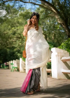 SOUMEN CREATION Solid/Plain Bollywood Handloom Cotton Blend Saree(White)