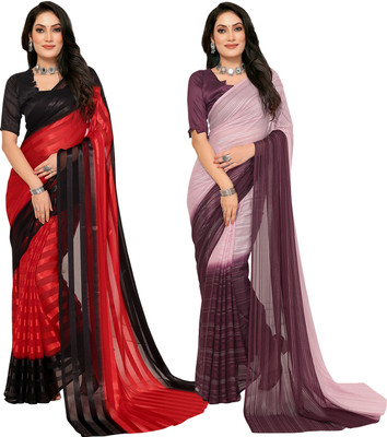 Moda Rapido Self Design, Striped, Ombre Bollywood Satin Saree(Pack of 2, Red, Black)