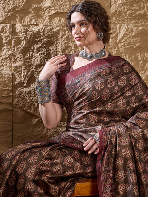 ANOUK Digital Print Daily Wear Silk Blend Saree(Brown)