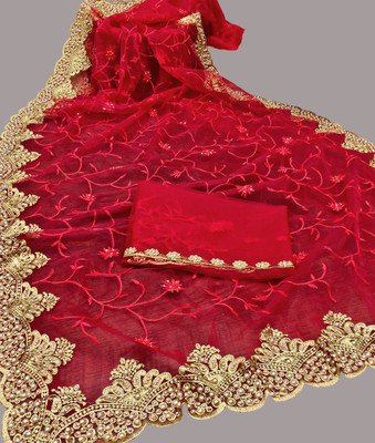 KHRITI FAB Embroidered Bollywood Net Saree(Red)