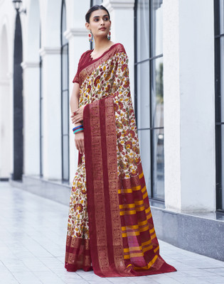 Satrani Printed, Embellished Patola Cotton Blend, Pure Cotton Saree(Cream, Red, Multicolor)