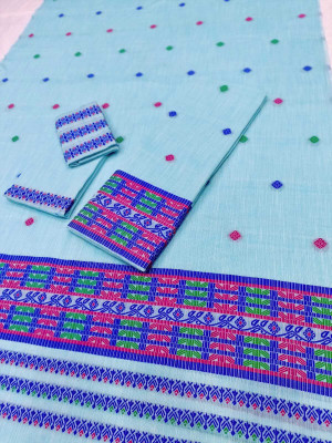 agarval silk mills Woven Mekhela Chador Cotton Blend Saree(Light Blue)