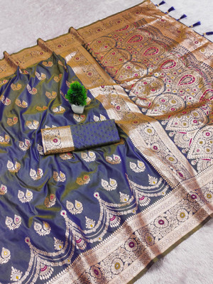 PANZORA Woven Banarasi Cotton Silk Saree(Dark Blue)