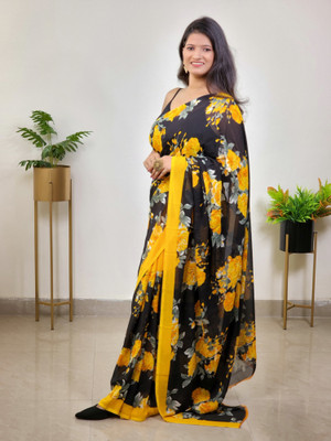 kashvi sarees Floral Print Bollywood Georgette Saree(Black, Yellow)