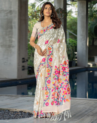 Satrani Woven, Self Design, Embellished Handloom Cotton Blend Saree(Cream, White)