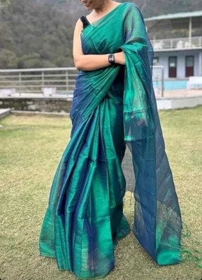 Agamani Self Design Handloom Tissue Saree(Green)