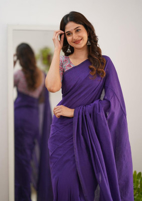 Maku Solid/Plain Handloom Pure Cotton Saree(Purple)