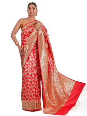 AAKARSHAN SAREES Woven, Embellished, Floral Print, Paisley, Self Design, Printed Banarasi Pure Silk Saree(Red)