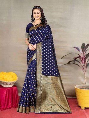 Pervas Woven Kanjivaram Silk Blend, Cotton Silk Saree(Dark Blue)