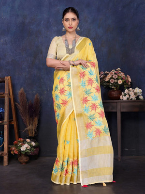 NEGRONI Printed Daily Wear Cotton Linen Saree(Yellow)