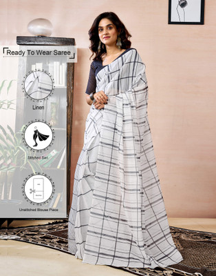 Samah Floral Print, Geometric Print, Printed Daily Wear Linen Saree(White)