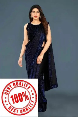 Amavii Solid/Plain Bollywood Lycra Blend Saree(Dark Blue)