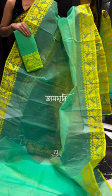 SP Boutique Embroidered Handloom Cotton Silk Saree(Green, Yellow)