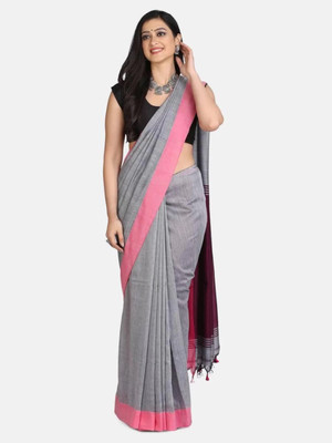 GOLU Solid/Plain Handloom Cotton Blend Saree(Grey)