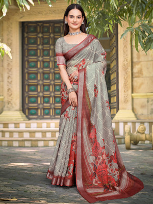 Tasrika Digital Print Hand Batik Cotton Linen Saree(Multicolor)
