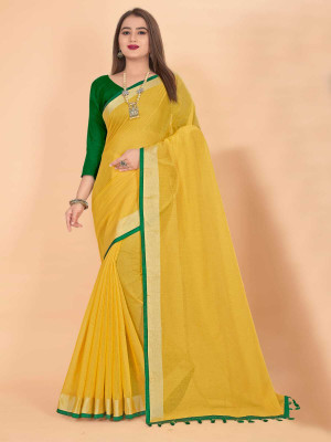 Var Vadhu Self Design Assam Silk Cotton Linen Saree(Yellow)