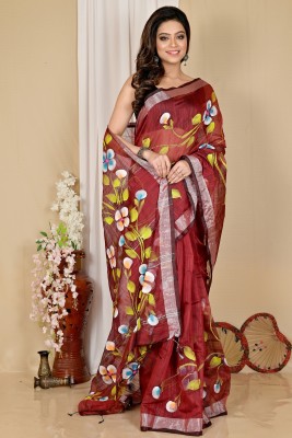 PuJoy Hand Painted, Paisley, Self Design, Woven Handloom Cotton Blend Saree(Brown)