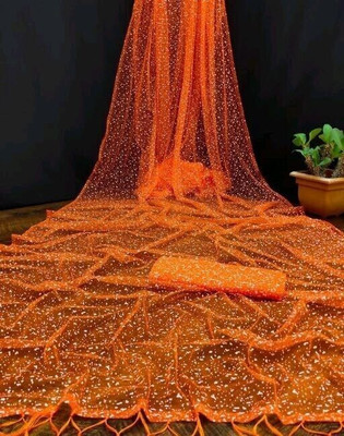 TECHNO WORLD Printed Bollywood Net Saree(Orange)