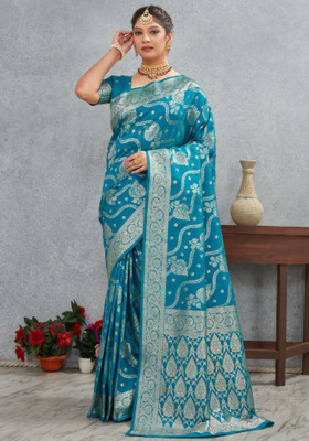 parthfabric Woven Banarasi Art Silk, Jacquard Saree(Light Blue)