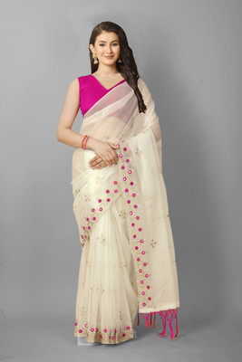 KCBRO Embroidered Bollywood Supernet Saree(White)