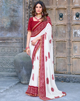 Samah Embellished, Floral Print, Geometric Print, Self Design Bandhani Georgette Saree(Red, White)