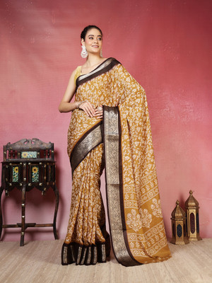Meena Bazaar Printed Bollywood Art Silk Saree(Mustard)