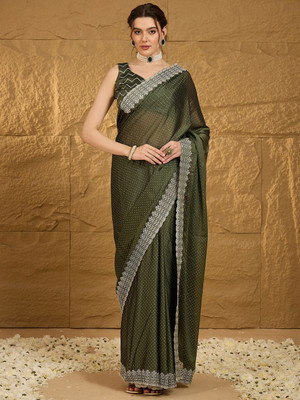 ANOUK Embellished Banarasi Chiffon Saree(Green, Silver)
