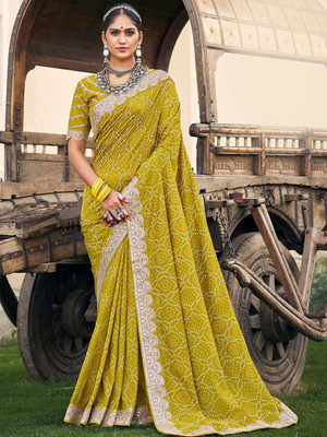ANOUK Embellished Bandhani Silk Blend Saree(Light Green)