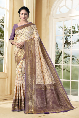 Vastram Enterprise Self Design Kanjivaram Silk Blend Saree(Cream)