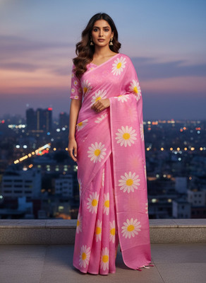 Hema Silk Mills Digital Print, Floral Print Bollywood Linen Saree(Pink)