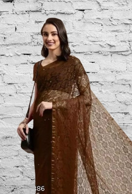 NEXA Solid/Plain Bollywood Net Saree(Brown)