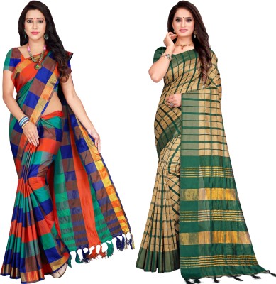 MENFLUENT Checkered Bollywood Cotton Silk Saree(Pack of 2, Multicolor)