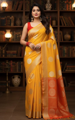 Bindi Printed Banarasi Jacquard Saree(Yellow, Orange)