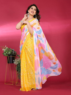 ANOUK Printed Saree with Attached Blouse Chiffon Saree(Yellow)