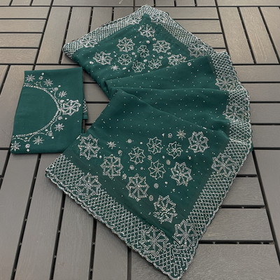 Jennyfab Embellished Bollywood Organza Saree(Light Blue)