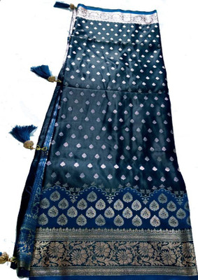 THE BULL Embroidered, Woven Jamdani Cotton Blend Saree(Dark Blue, Silver)