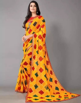 Kalpana creation Printed Bollywood Georgette, Silk Blend Saree(Yellow)