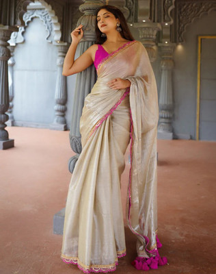 SIRIL Solid/Plain, Embellished Bollywood Jimmy choo, Net Saree(Beige)