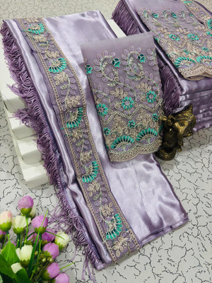 Pfancy silk Embroidered, Floral Print Kanjivaram Polyester Saree(Purple)