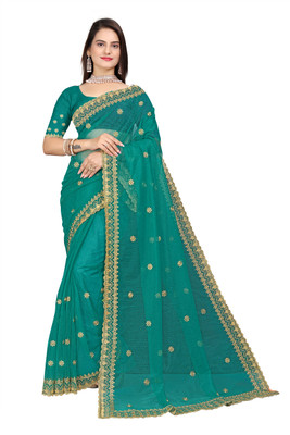 Navantika Embroidered Bollywood Supernet Saree(Green)