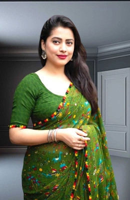 TEN R Printed Bollywood Georgette Saree(Green)