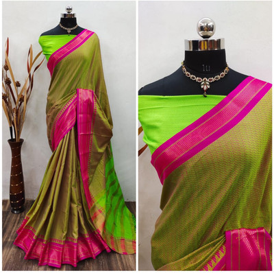 SHETH SHYAMALYO Printed Bollywood Pure Cotton, Chanderi Saree(Light Green)