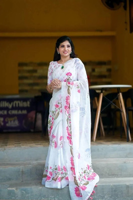 ZARISTACREATION Digital Print Bollywood Dupion Silk Saree(White)