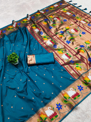 PANZORA Woven Paithani Cotton Silk Saree(Light Blue)