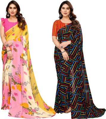 kashvi sarees Self Design, Printed Daily Wear Georgette Saree(Pack of 2, Yellow, Pink, Multicolor)