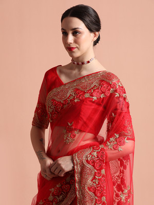 Jaipur Kurti Embellished Bollywood Net Saree(Red)